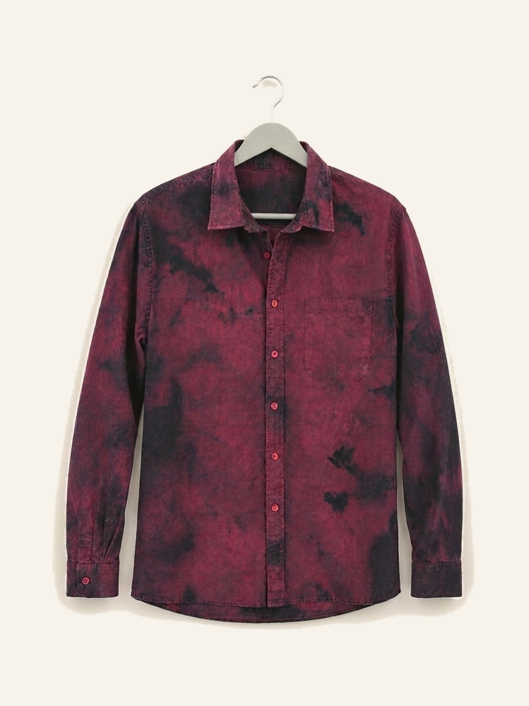 Hand ice-dyed cotton shirt in deep red and black on a black hanger