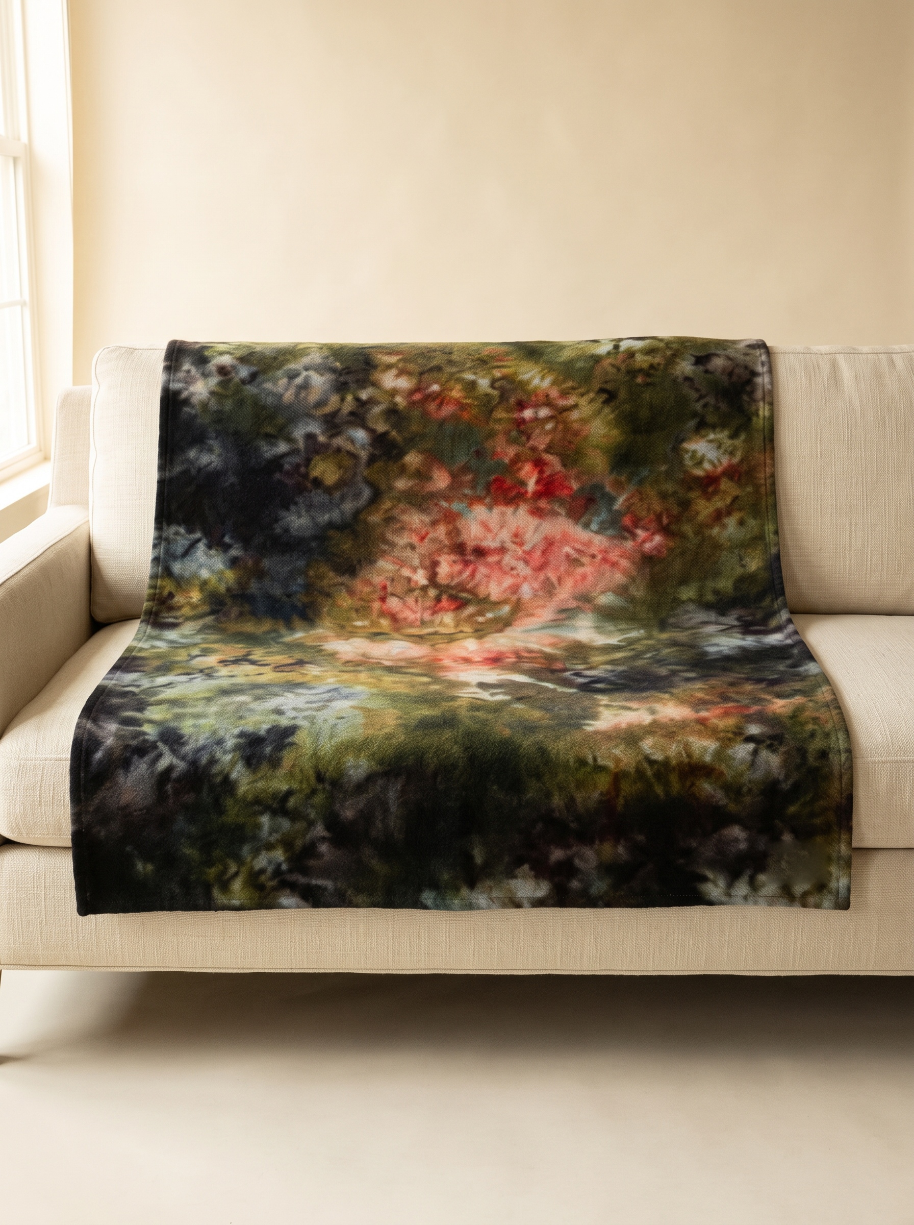 Hand ice-dyed blanket in black, moss, coral, carnelian and jade draped over a cream boucle armchair